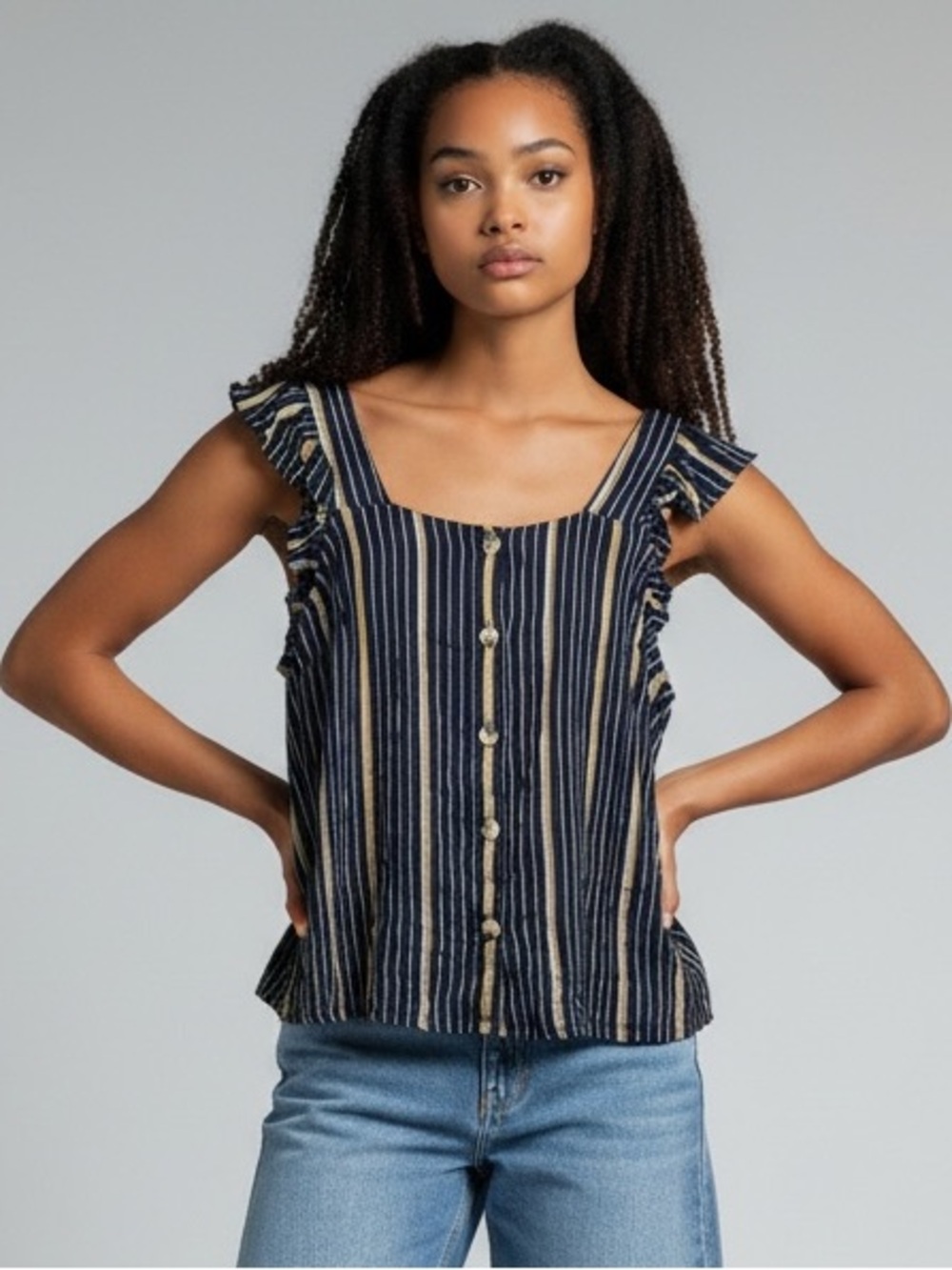 NWT dip Navy Striped Ruffle Sleeve Tunic with Tan & White Stripes
